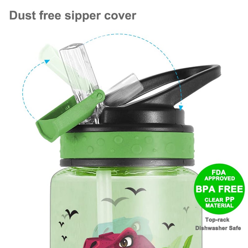 Home Tune 15oz Water Bottle for Kids Girls Boys School, BPA Free, Leak Proof Flip Straw, Carry Loop, Easy Clean - Dinosaur - Image 4